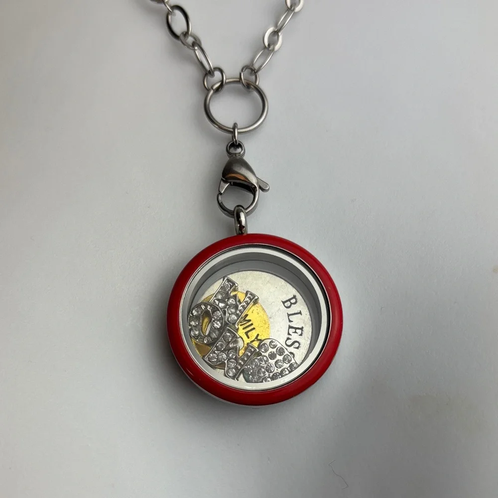 Elegant Silver Floating Locket MOM Hearts, Blessed, Family Long Pendant Necklace